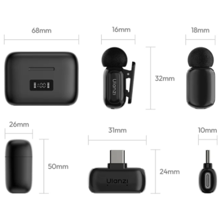 Ulanzi A200 Mini Mic (czarno-biały) - bezprzewodowy zestaw audio, 2x mikrofon (odbiornik USB-C, 24bit) - wymiary